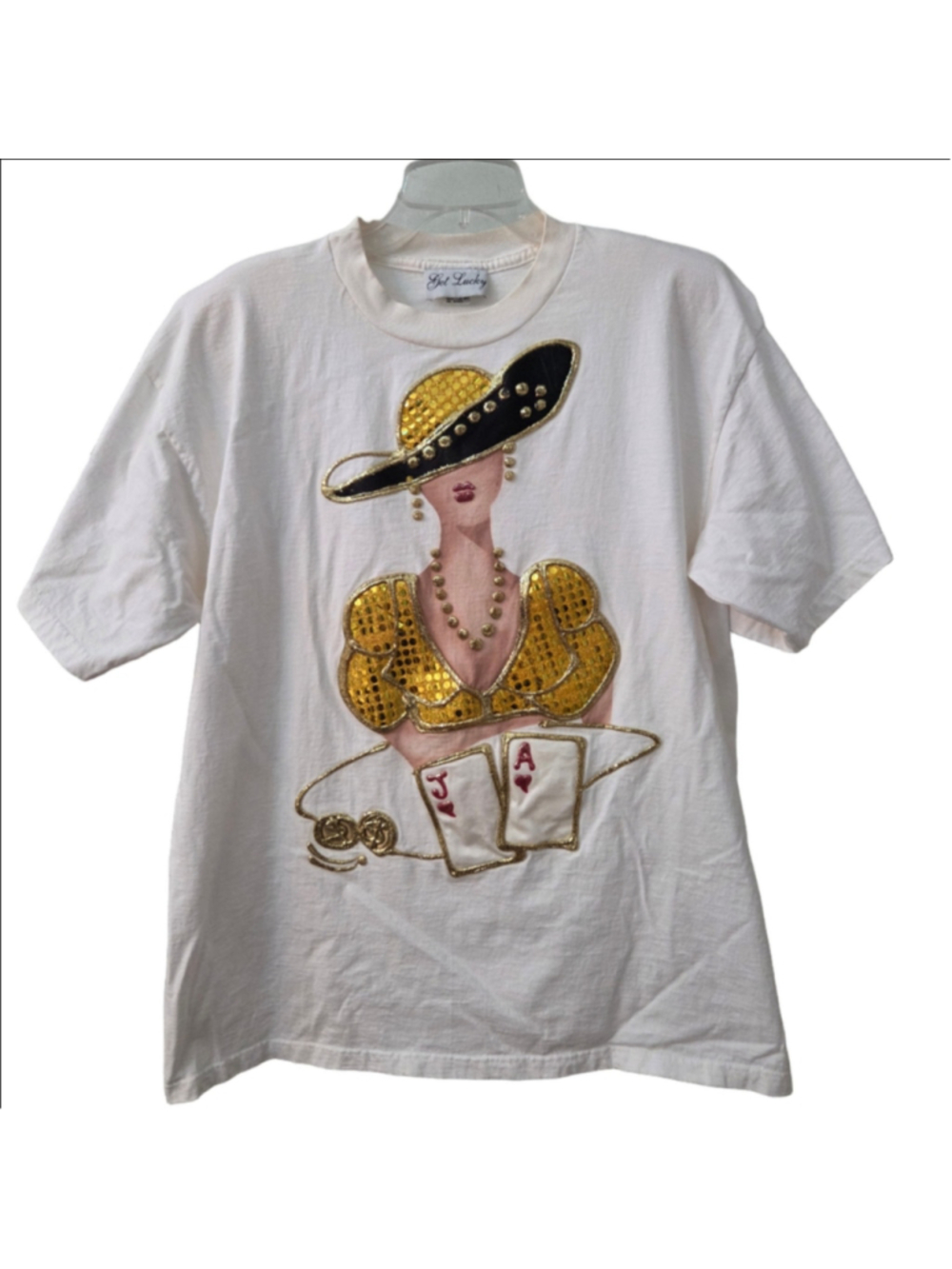 Get Lucky Vintage 90s Casino Poker Woman Glitter T-Shirt XL White